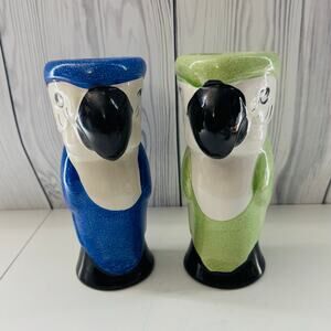 Set of 2 Vintage Parrot Macaw Ceramic Tropical Island Tiki 8" Vase Blue Green